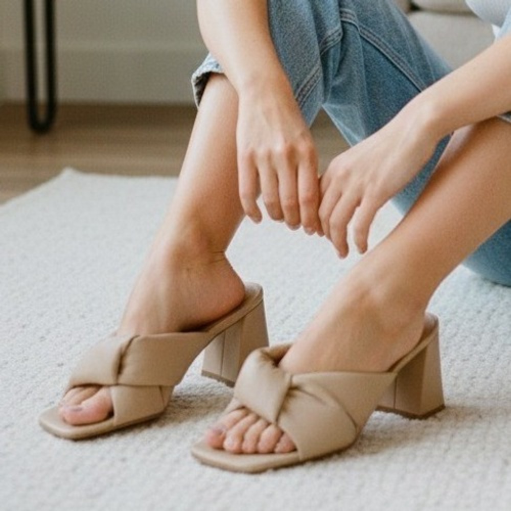 Open Edit Women's Beige Square Toe Knotted Block Heel Mules Slides‎ - Size 8.5